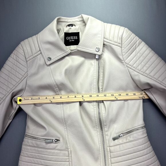 Women's GUESS Faux Leather Asymmetrical Moto Jacket Size M Cream‎ Ivory - Picture 10 of 16